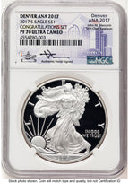 2017-S Proof Silver Eagle Congratulations Set 1 oz John Denver ANA 2017 Label NGC PF70 Mercanti