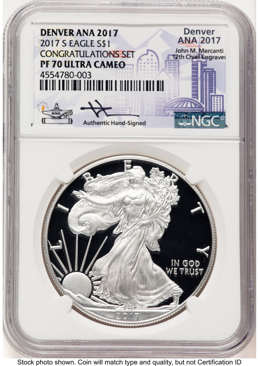 2017-S Proof Silver Eagle Congratulations Set 1 oz John Denver ANA 2017 Label NGC PF70 Mercanti