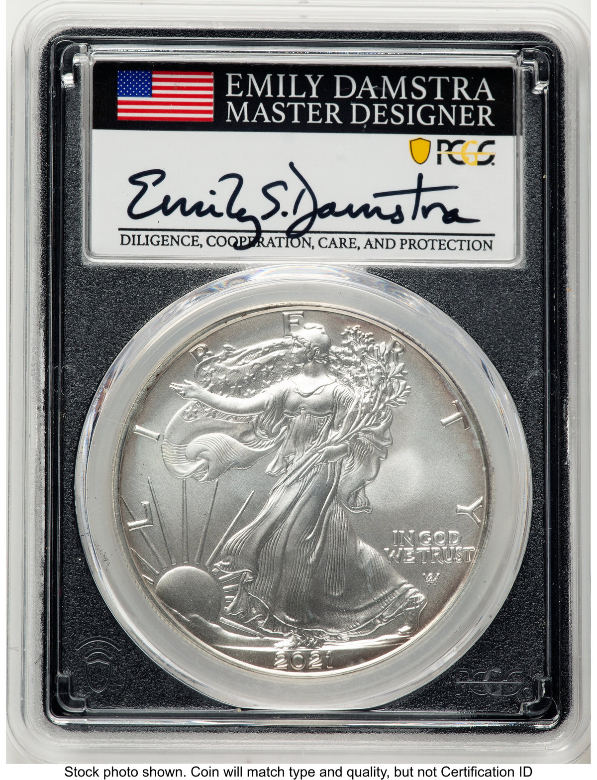 2021-W TY2 Burnished Silver Eagle 1 oz FDI Emily Damstra Blk Frame PCGS MS70
