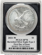 2021-W TY2 Burnished Silver Eagle 1 oz FDI Emily Damstra Blk Frame PCGS MS70