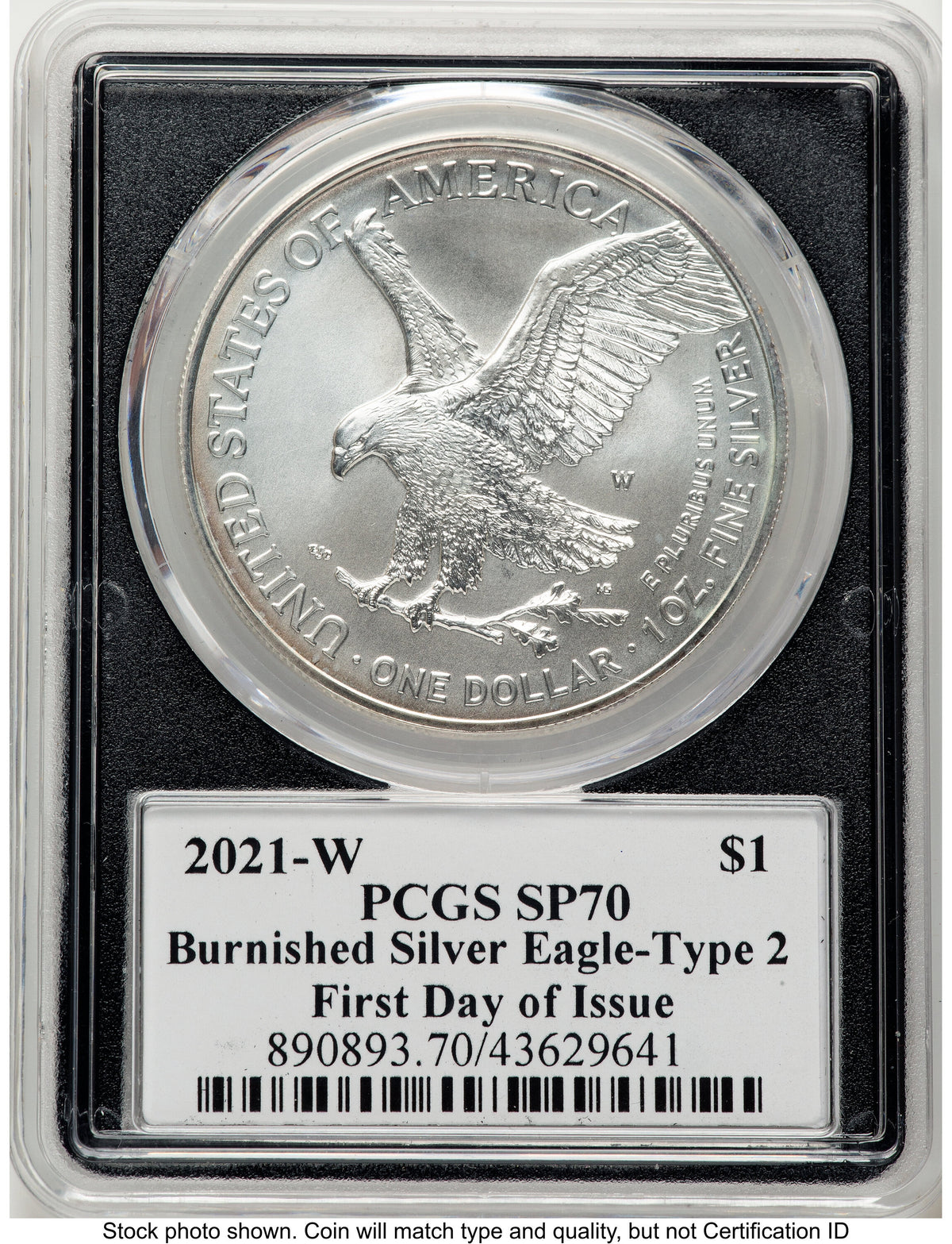 2021-W TY2 Burnished Silver Eagle 1 oz FDI Emily Damstra Blk Frame PCGS MS70