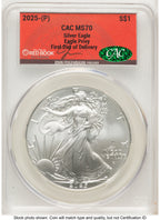 2025 Silver Eagle (Privy Mark) First Day of Delivery John Feigenbaum Red Book CACG MS70
