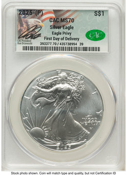 2025-(P) Silver Eagle (Privy Mark) First Day of Delivery Ron Drzewuki CACG MS70