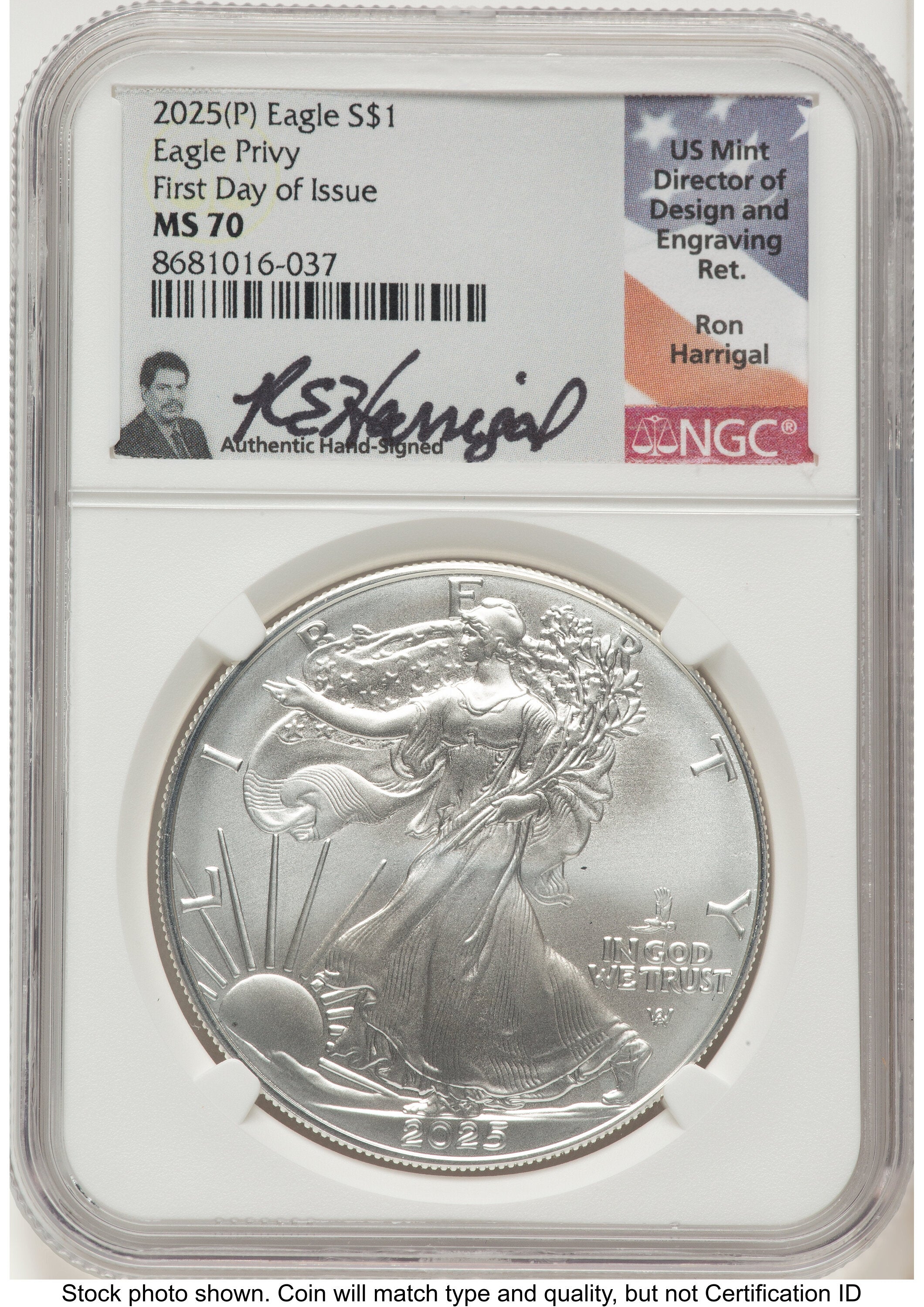 2025-(P) Silver Eagle (Privy Mark) FDI Ron Harrigal NGC MS70