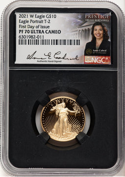 2021-W Type 2 Proof Gold Eagle 1/4 oz FDI Anna Cabral Prestige Treasurer Series NGC PF70