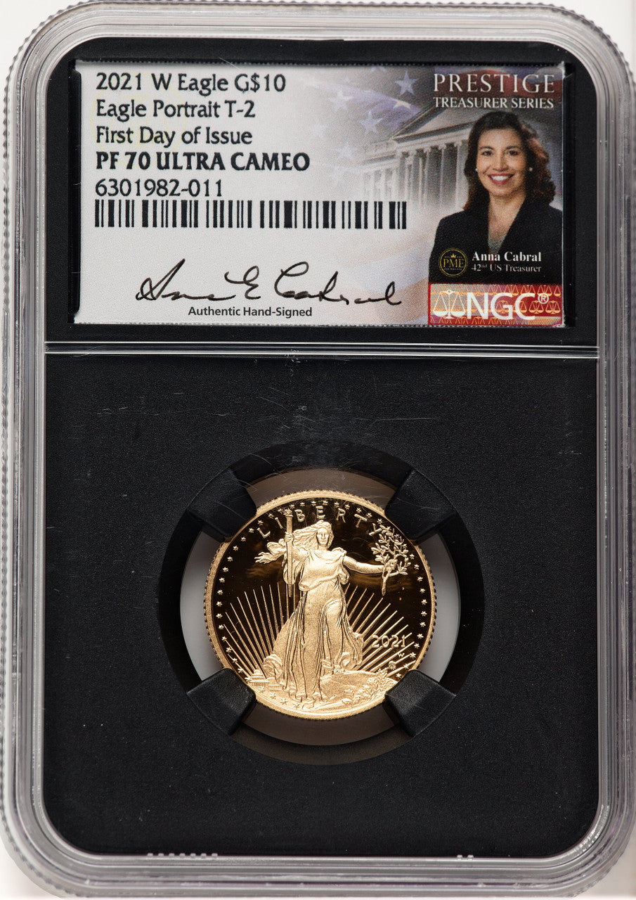 2021-W Type 2 Proof Gold Eagle 1/4 oz FDI Anna Cabral Prestige Treasurer Series NGC PF70