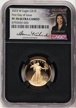 2023-W Proof Gold Eagle 1/4 oz FDI Anna Cabral Prestige Treasurer Series NGC MS70