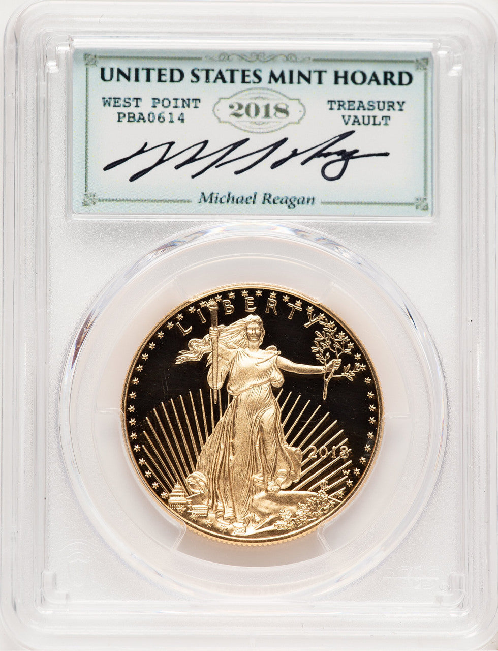 2018-W Proof Gold Eagle 1 oz WP Mint Hoard Reagan Legacy Series Michael Reagan Blue PCGS PR70