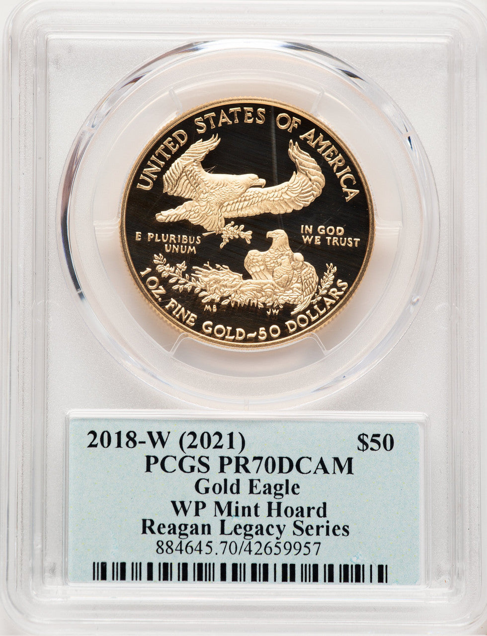 2018-W Proof Gold Eagle 1 oz WP Mint Hoard Reagan Legacy Series Michael Reagan Blue PCGS PR70