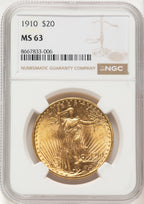 1910 $20 Brown Label Saint-Gaudens Double Eagle NGC MS63