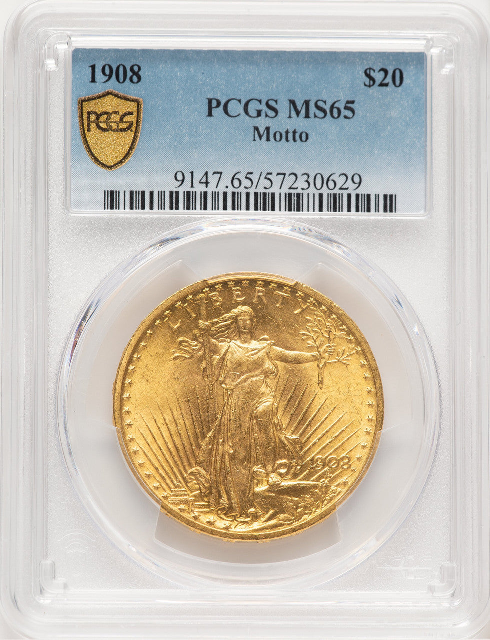 1908 $20 MOTTO Saint-Gaudens Double Eagle PCGS MS65