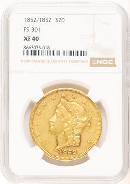 1852 $20 FS-301 Liberty Double Eagle NGC XF40