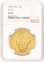 1852 $20 FS-301 Liberty Double Eagle NGC XF40
