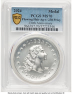 2024-(P) Silver 230th Anniversary Flowing Hair Medal Privy Mark Blue Gradient Modern Commemoratives PCGS MS70