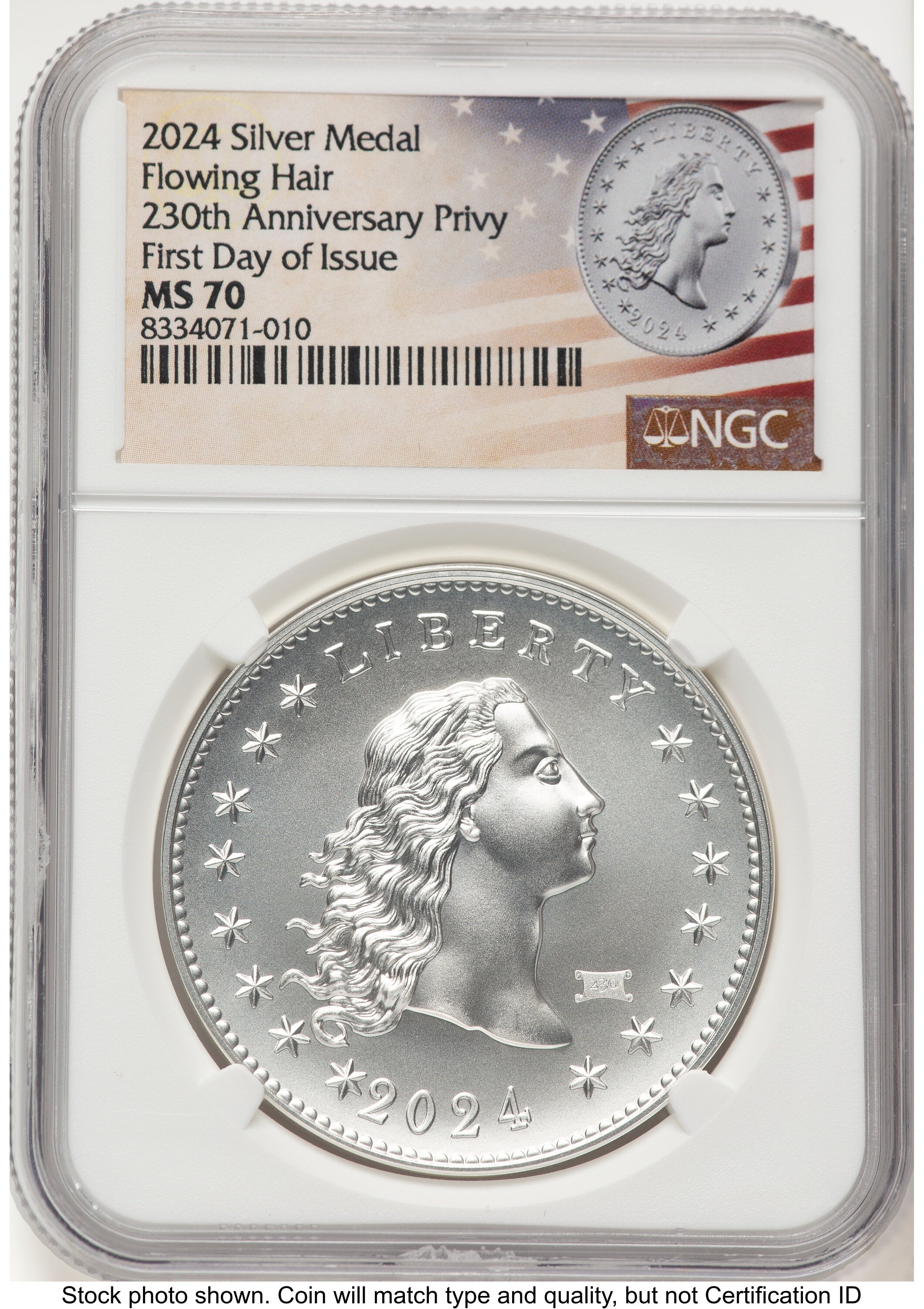 2024-(P) Silver 230th Anniversary Flowing Hair Medal Privy Mark FDI Flowing Hair Label Modern Commemoratives NGC MS70