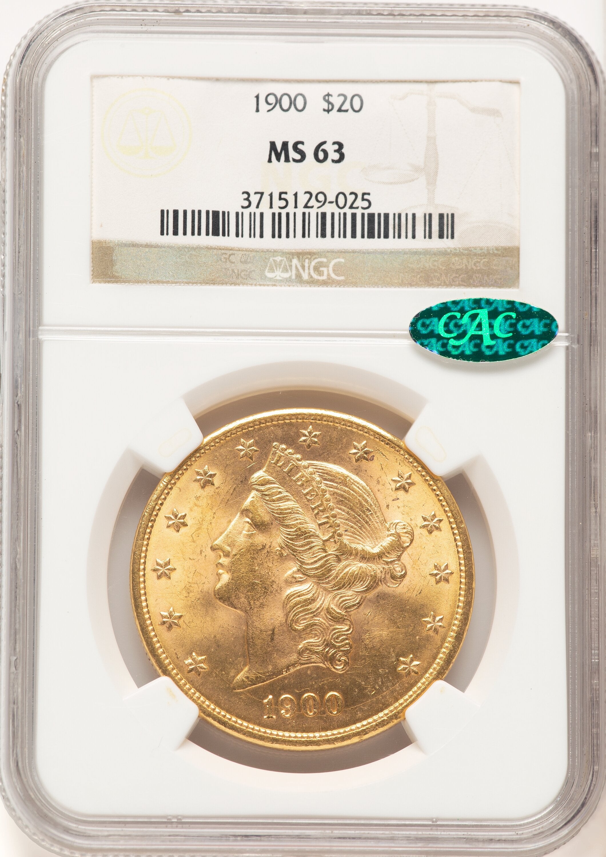 1900 $20 CAC Liberty Double Eagle NGC MS63