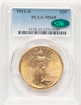 1911-D $20 CAC Blue Gradient Saint-Gaudens Double Eagle PCGS MS65
