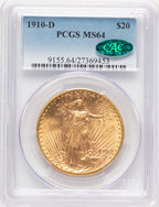 1910-D $20 CAC Blue Gradient Saint-Gaudens Double Eagle PCGS MS64
