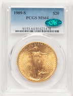 1909-S $20 CAC Blue Gradient Saint-Gaudens Double Eagle PCGS MS64