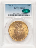 1891-S $20 CAC Blue Gradient Liberty Double Eagle PCGS MS63
