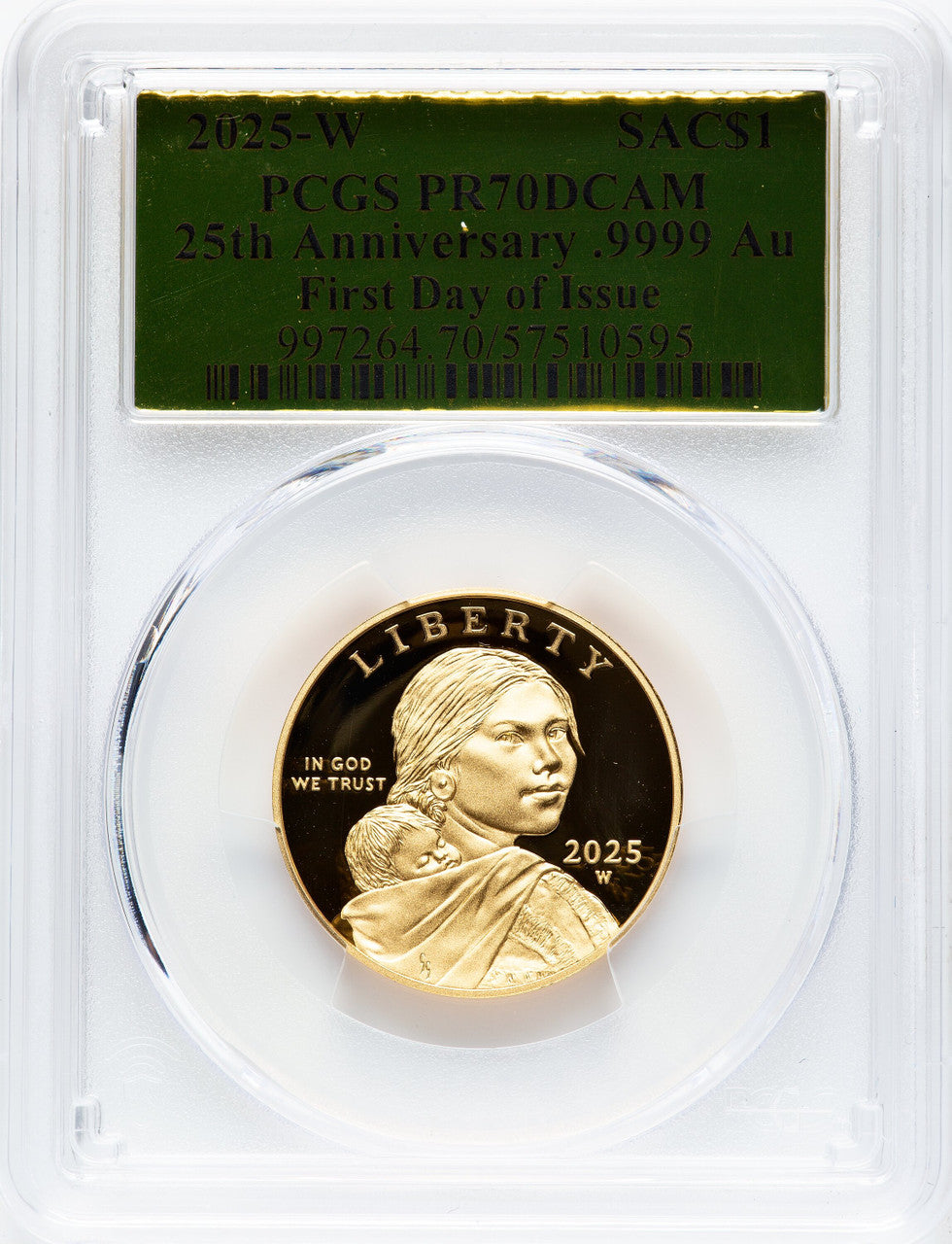 2025-W Proof Gold Sacagawea 25th Anniversary FDI Gold Foil PCGS PR70