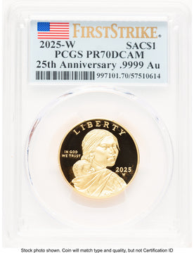 2025-W 1/2 oz Proof Gold Sacagawea 25th Anniversary FS Flag PCGS PR70