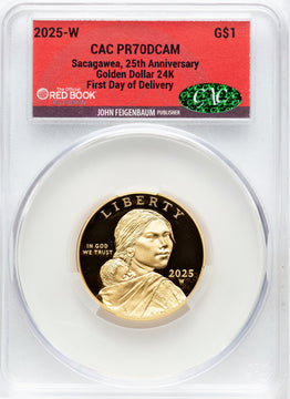 2025-W Proof Gold Sacagawea 25th Anniversary First Day of Delivery Red Book CACG PR70