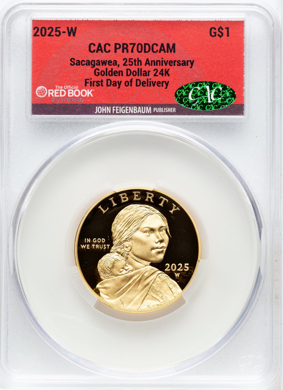 2025-W Proof Gold Sacagawea 25th Anniversary First Day of Delivery Red Book CACG PR70
