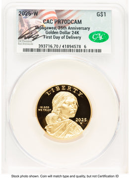 2025-W 1/2 oz Proof Gold Sacagawea 25th Anniversary First Day of Delivery Ron Drzewuki CACG PR70