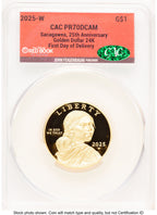2025-W 1/2 oz Proof Gold Sacagawea 25th Anniversary First Day of Delivery Red Book CACG PR70