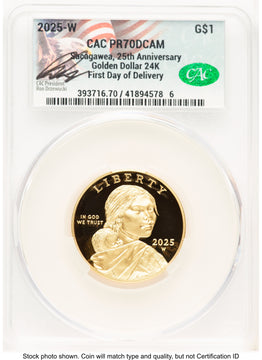 2025-W 1/2 oz Proof Gold Sacagawea 25th Anniversary First Day of Delivery Ron Drzewuki CACG PR70