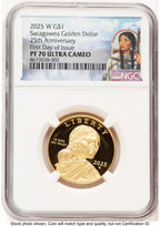 2025-W 1/2 oz Proof Gold Sacagawea 25th Anniversary FDI Native American Label NGC PF70