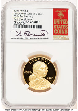 2025-W 1/2 oz Proof Gold Sacagawea 25th Anniversary FDI Kenneth Bressett Red Book NGC PF70