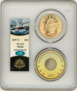 1857-S $20 Spike Shield S.S. Central America With Pinch CAC Liberty Double Eagle PCGS MS66