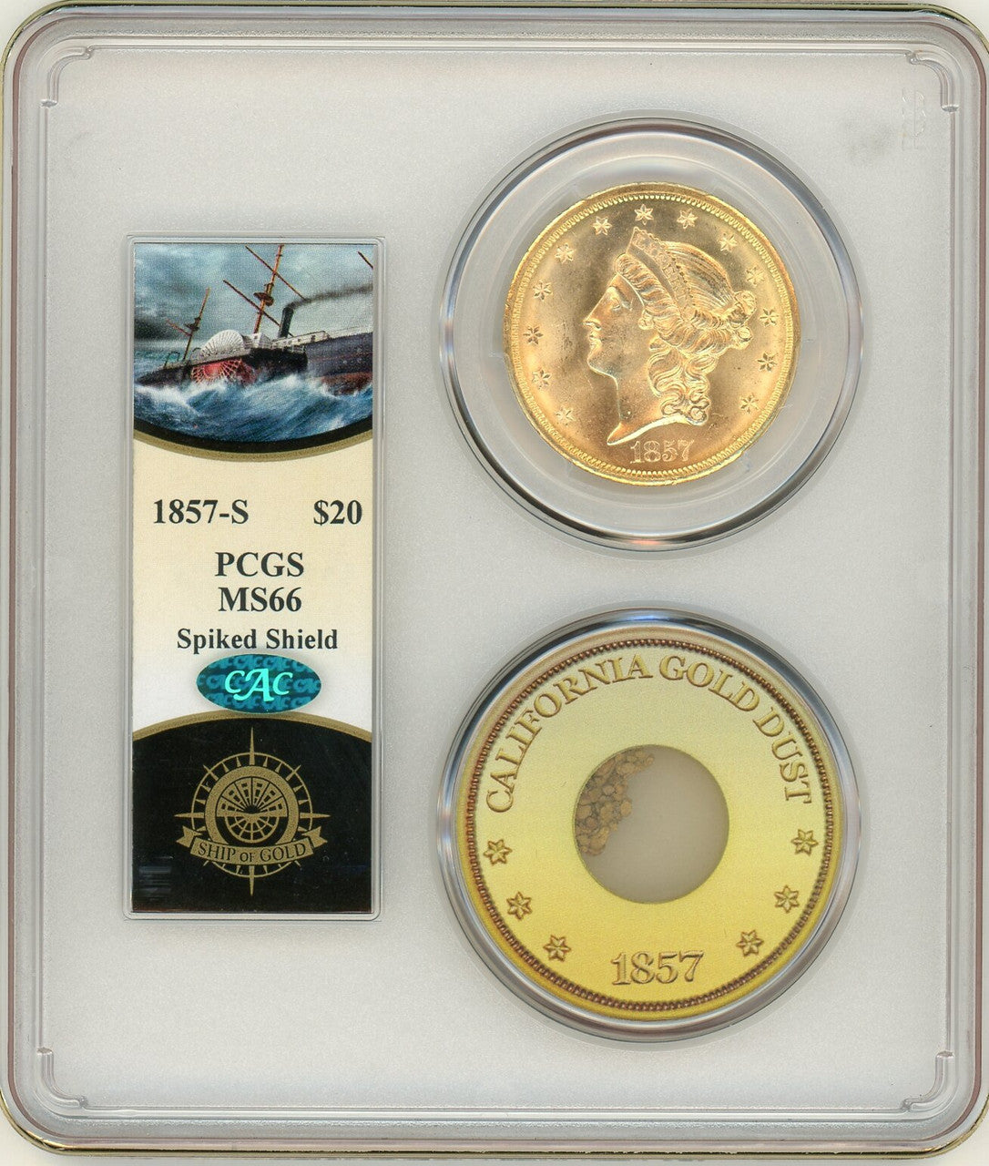 1857-S $20 Spike Shield S.S. Central America With Pinch CAC Liberty Double Eagle PCGS MS66
