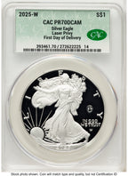 2025-W Proof Silver Eagle Privy Laser Engraved 1 oz First Day Of Delivery CACG PR70