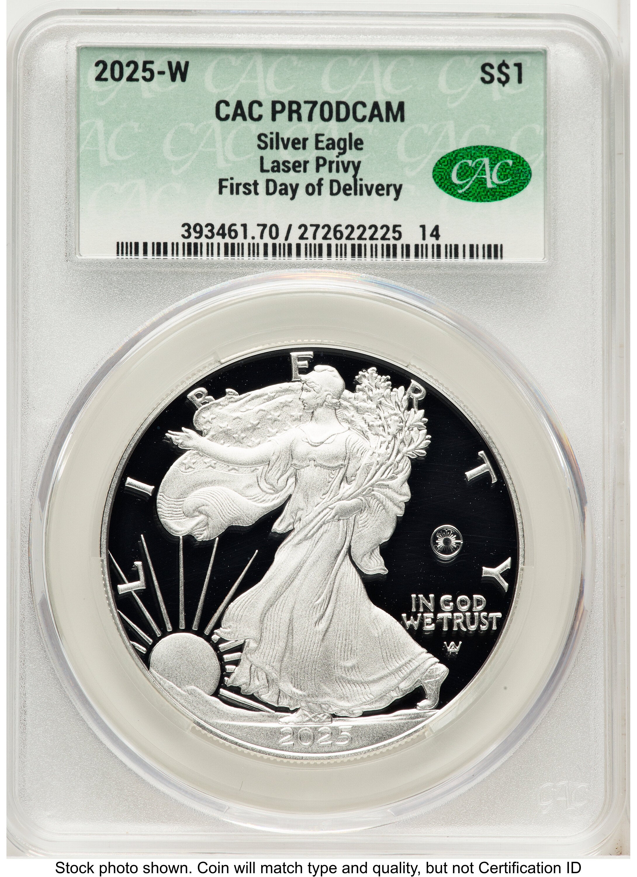 2025-W Proof Silver Eagle Privy Laser Engraved 1 oz First Day Of Delivery CACG PR70