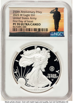2025-W Proof Silver Eagle Privy U.S. Army 250th Anniversary 1 oz FDI Military Honor Orange NGC PF70