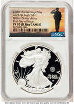 2025-W Proof Silver Eagle Privy U.S. Army 250th Anniversary 1 oz FDI Military Honor Orange NGC PF70