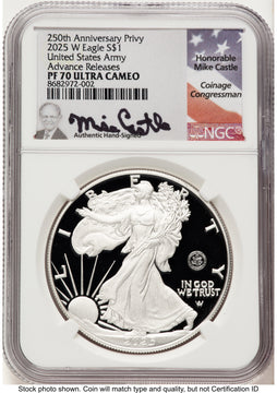 2025-W Proof Silver Eagle Privy U.S. Army 250th Anniversary 1 oz AR Mike Castle NGC PF70