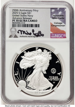 2025-S Proof Silver Eagle Privy U.S. Navy 250th Anniversary 1 oz AR Mike Castle NGC PF70