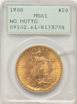 1908 $20 NO MOTTO Saint-Gaudens Double Eagle PCGS MS61