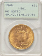 1908 $20 NO MOTTO Saint-Gaudens Double Eagle PCGS MS61