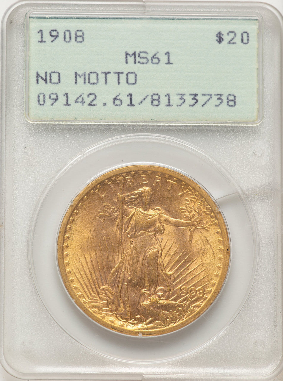 1908 $20 NO MOTTO Saint-Gaudens Double Eagle PCGS MS61