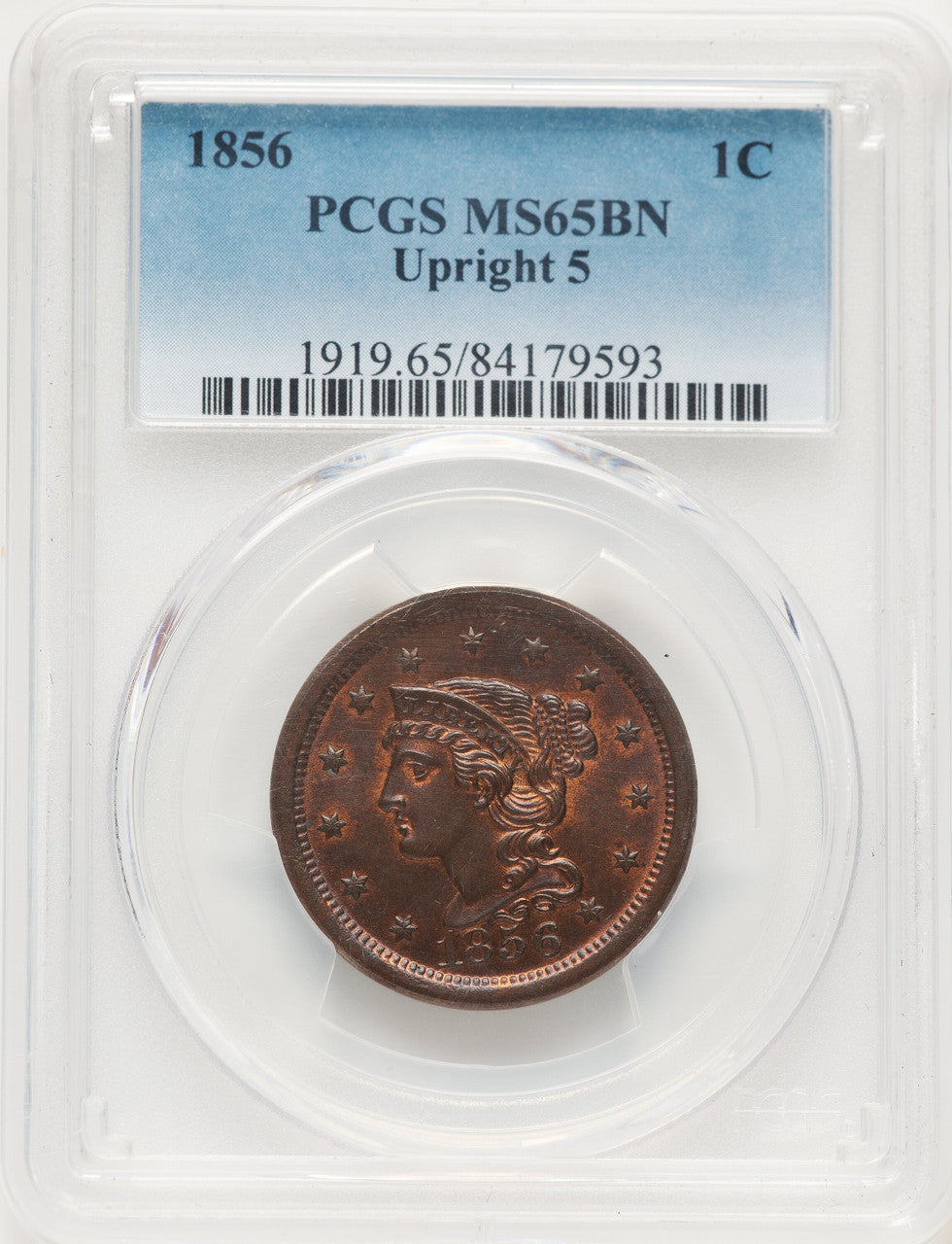 1856 1C Upright 5 BN Large Cent PCGS MS65