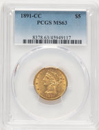 1891-CC $5 Liberty Half Eagle PCGS MS63 (522234001)
