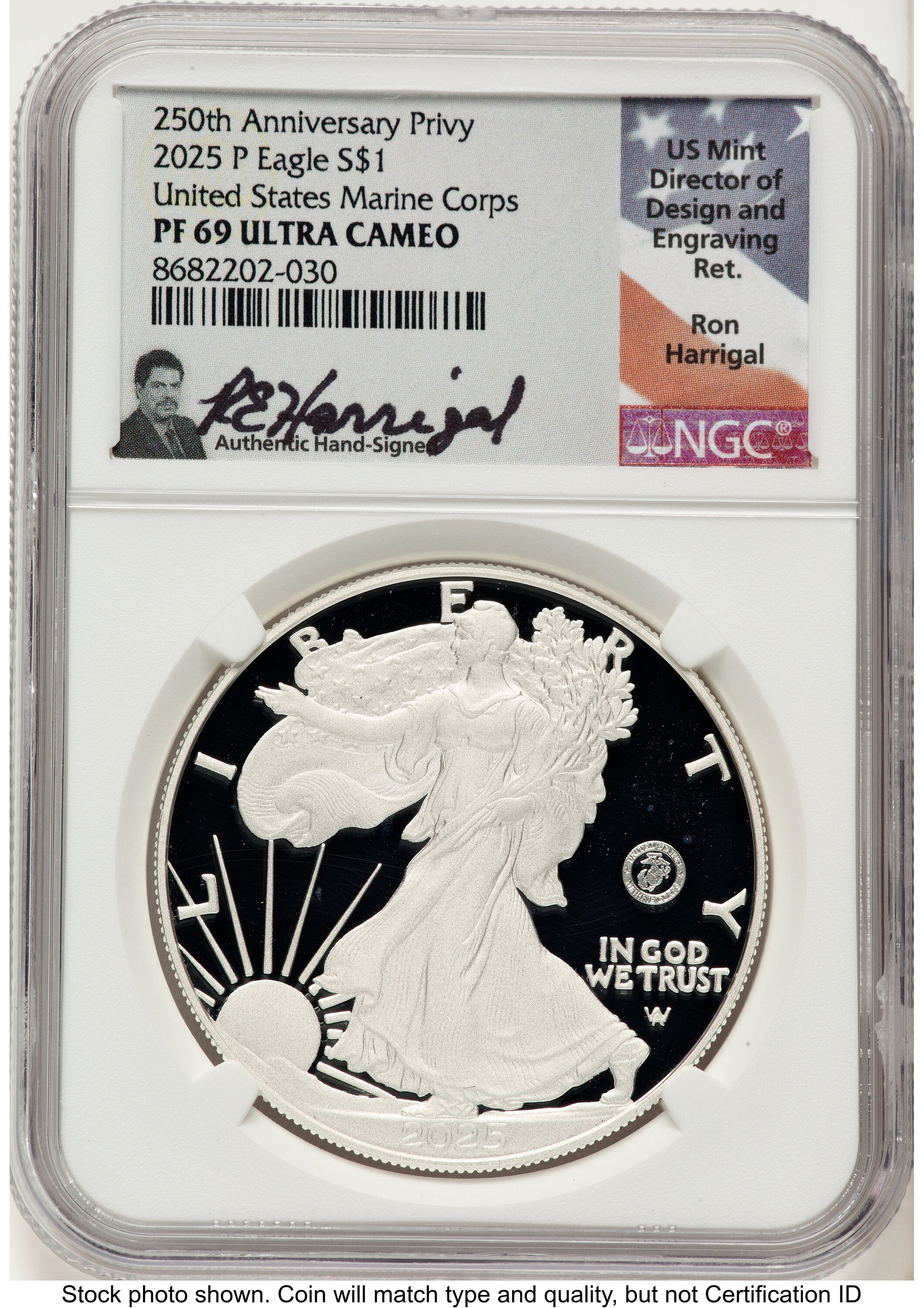 2025-P Proof Silver Eagle Privy U.S. Marine Corps 250th Anniversary 1 oz Ron Harrigal NGC PF69