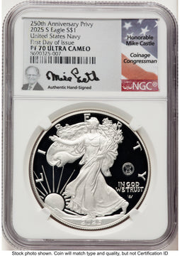 2025-S Proof Silver Eagle Privy U.S. Navy 250th Anniversary 1 oz FDI Mike Castle NGC PF70