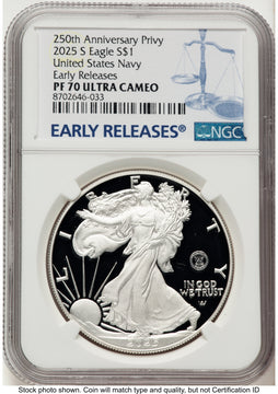 2025-S Proof Silver Eagle Privy U.S. Navy 250th Anniversary 1 oz ER Blue NGC PF70