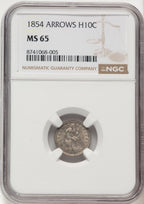 1854 H10C ARROWS Seated Half Dime NGC MS65